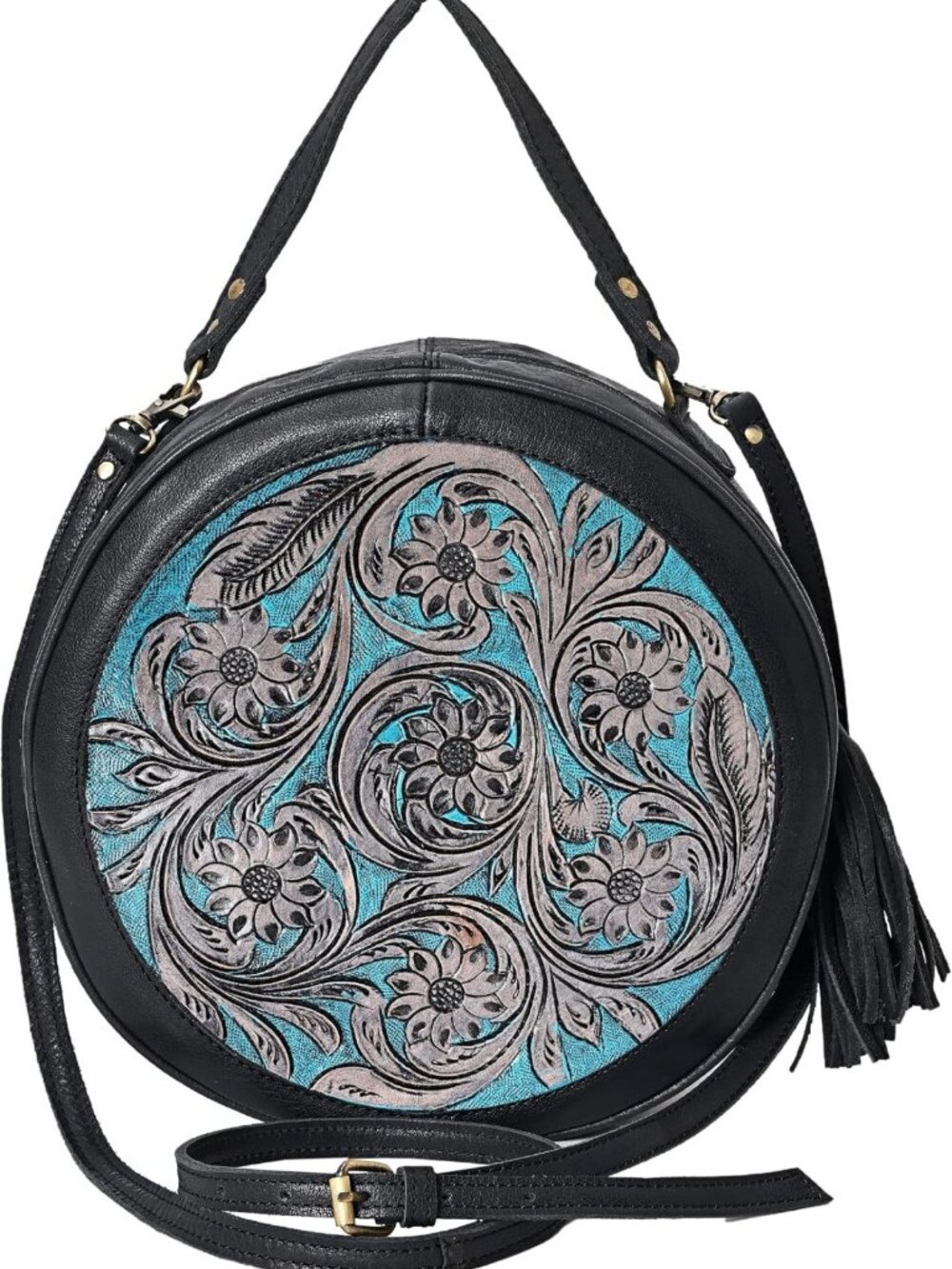 Handtooled Cowhide Hairon Canteen Crossbody Bag, Adjustable Leather Strap